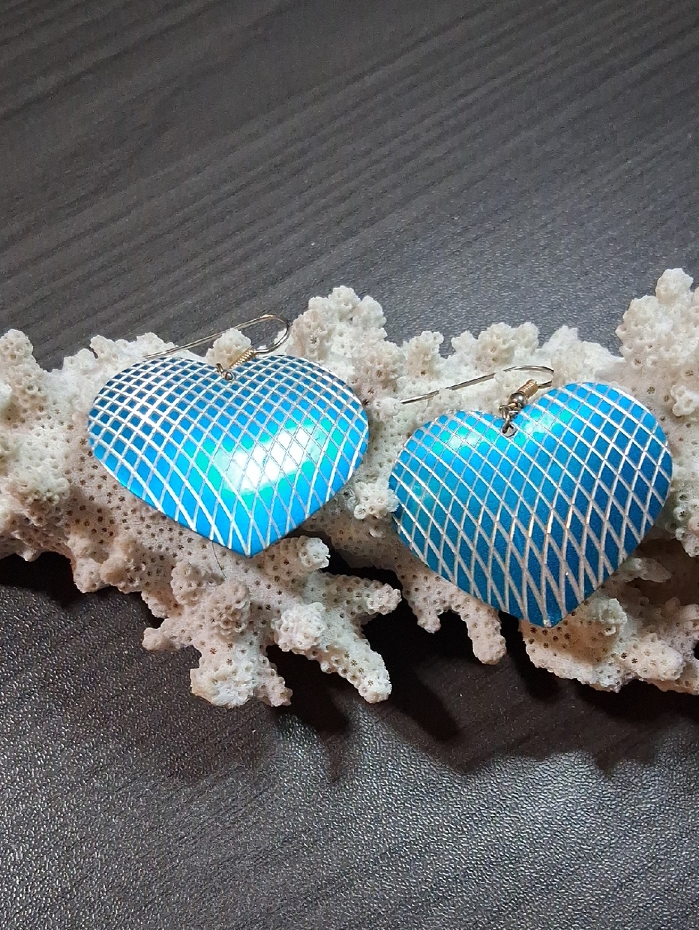 Blue Heart Drop Earrings - Geometric White Grid